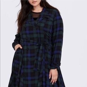 Torrid Navy Green Plaid Double‎ Breasted Belted Trench Coat Jacket Plus Size M/L